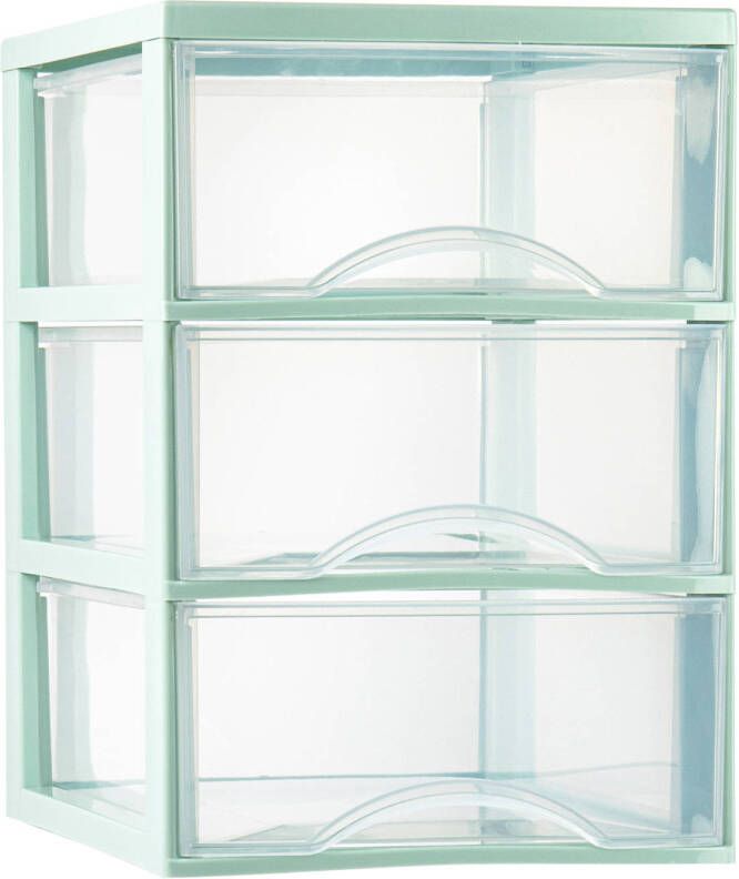 Forte Plastics Plasticforte Ladeblokje bureau organizer 3x lades transparant mintgroen L26 x B36 x H37 cm Ladeblok