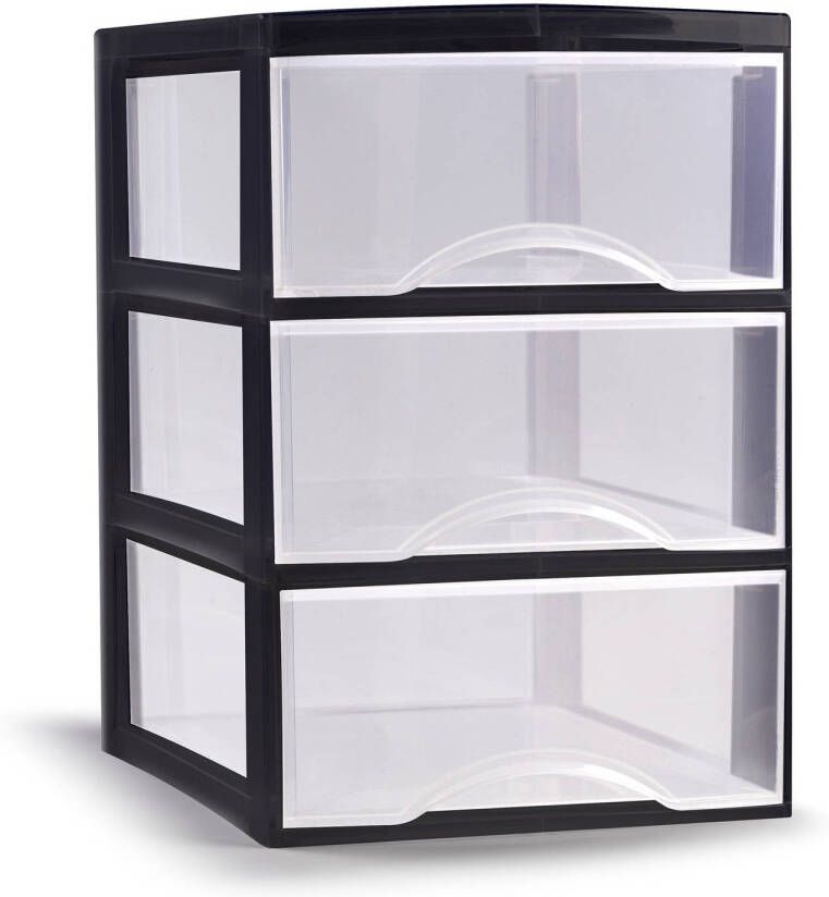 Forte Plastics Plasticforte Ladeblokje bureau organizer 3x lades transparant zwart L18 x B25 x H25 cm Ladeblok