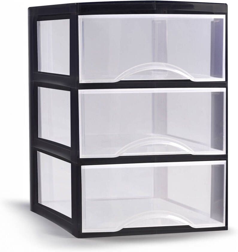 Forte Plastics Plasticforte Ladeblokje bureau organizer 3x lades transparant zwart L26 x B36 x H37 cm Ladeblok