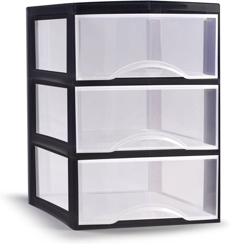 Forte Plastics Plasticforte Ladeblokje bureau organizer 3x lades transparant zwart L26 x B37 x H37 cm Ladeblok