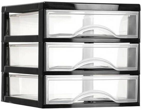 Forte Plastics Plasticforte Ladeblokje bureau organizer 3x lades zwart transparant L18 x B21 x H17 cm plastic Ladeblok