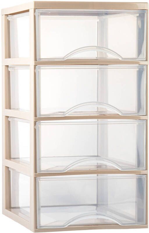 Forte Plastics Plasticforte Ladeblokje bureau organizer 4x lades transparant beige L26 x B36 x H49 cm Ladeblok