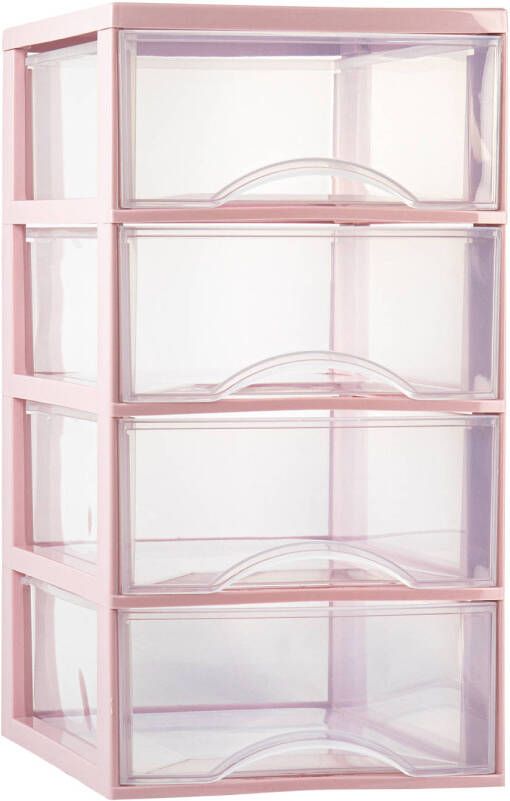 Forte Plastics Plasticforte Ladeblokje bureau organizer 4x lades transparant roze L26 x B36 x H49 cm Ladeblok