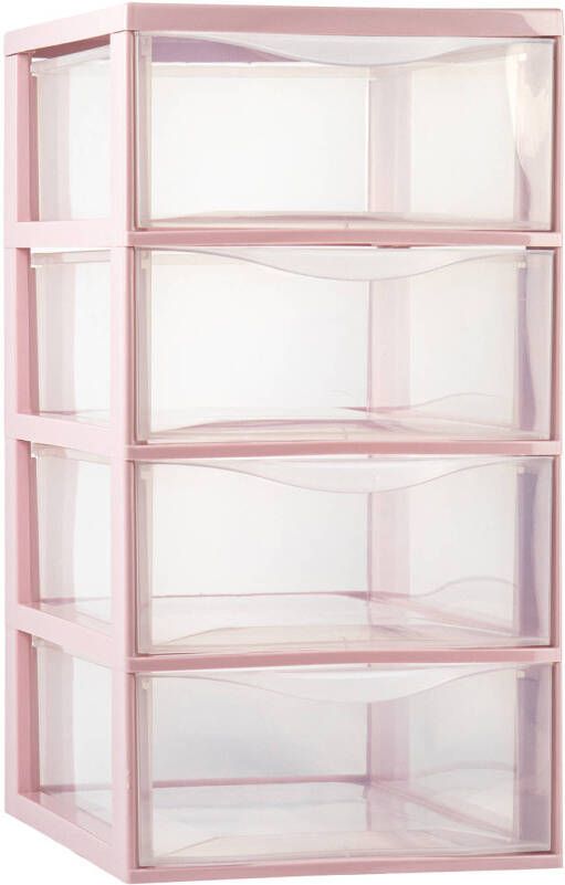 Forte Plastics Plasticforte Ladeblokje bureau organizer 4x lades transparant roze L26 x B37 x H49 cm Ladeblok