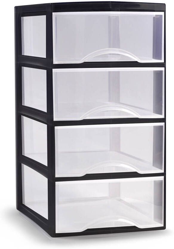 Forte Plastics Plasticforte Ladeblokje bureau organizer 4x lades transparant zwart L26 x B36 x H49 cm Ladeblok