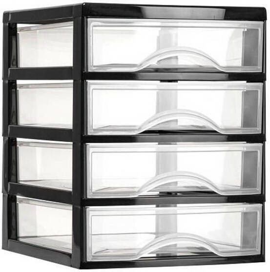 Forte Plastics Plasticforte Ladeblokje bureau organizer 4x lades zwart transparant L18 x B21 x H23 cm plastic Ladeblok