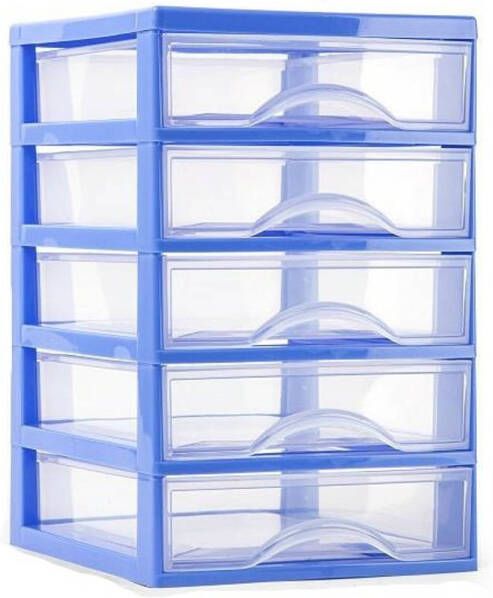 Forte Plastics Plasticforte Ladeblokje bureau organizer 5x lades blauw transparant L18 x B21 x H28 cm plastic Ladeblok