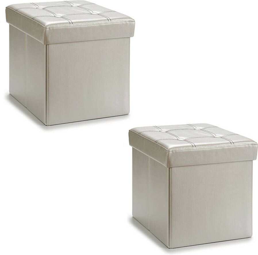 Giftdeco r Poef Square BOX 2x hocker opbergbox zilvergrijs polyester mdf 31 x 31 cm opvouwbaar Poefs