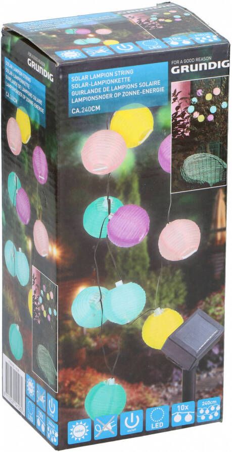 Grundig Solar Lampionnenslinger 240 CM 10 LEDS Met Zonnepaneel IP44 Geel Blauw Paars - Foto 1