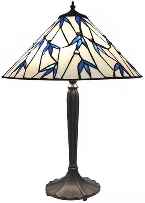 Clayre & Eef LumiLamp Tiffany Tafellamp Ø 42x63 cm Blauw Wit Glas Zink Tiffany Bureaulamp Tiffany Lampen Glas in Lood Blauw Tiffany - Foto 1