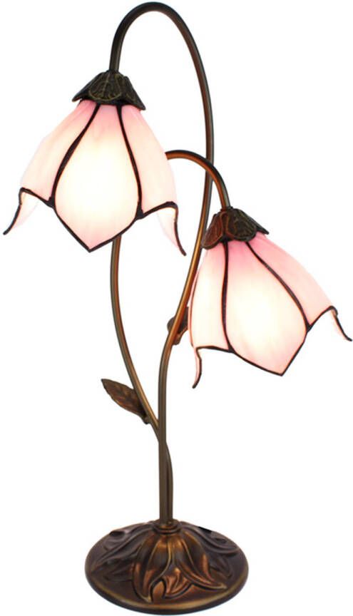 Clayre & Eef LumiLamp Tiffany Tafellamp 35x18x61 cm Bruin Roze Kunststof Glas Tiffany Bureaulamp Tiffany Lampen Glas in Lood Roze - Foto 1