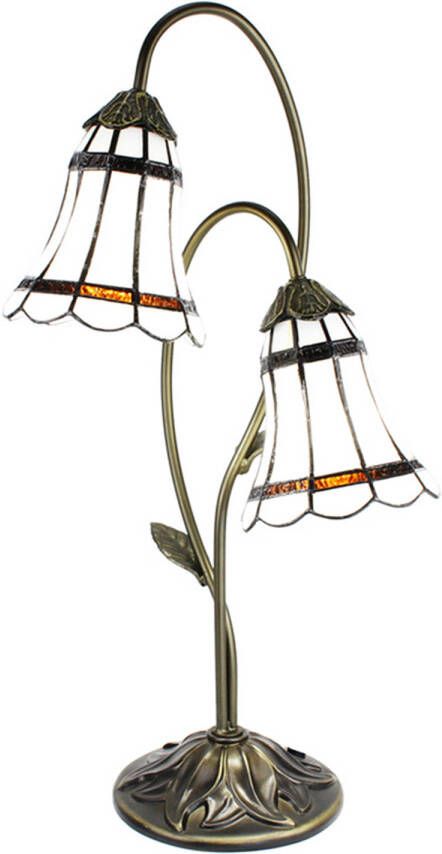 Clayre & Eef LumiLamp Tiffany Tafellamp 61 cm Bruin Wit Kunststof Glas Tiffany Bureaulamp Tiffany Lampen Glas in Lood Bruin Tiffany - Foto 1