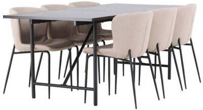 Hioshop Astrid eethoek tafel zwart en 6 Modesto stoelen beige.