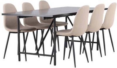 Hioshop Astrid eethoek tafel zwart en 6 Polar stoelen beige.