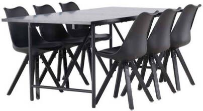 Hioshop Astrid eethoek tafel zwart en 6 Zeno stoelen zwart.