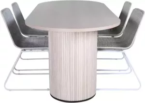 Hioshop BiancaWW eethoek eetkamertafel eik fineer wit washed en 4 Cirebon eetkamerstal rotan whitewash.