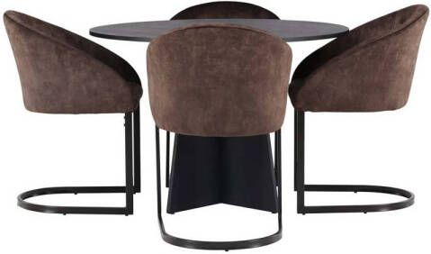 Hioshop Bootcut eethoek tafel zwart en 4 Evening stoelen bruin.