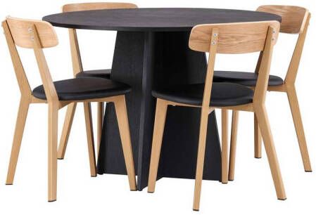 Hioshop Bootcut eethoek tafel zwart en 4 Sanjos stoelen naturel.