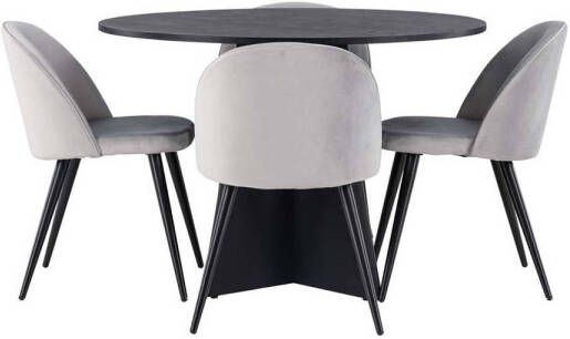 Hioshop Bootcut eethoek tafel zwart en 4 Velvet stoelen grijs.