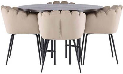 Hioshop Copenhagen eethoek tafel mokka en 4 Limhamn stoelen beige.