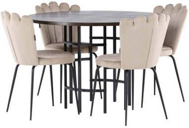 Hioshop Copenhagen eethoek tafel mokka en 4 Limhamn stoelen beige.