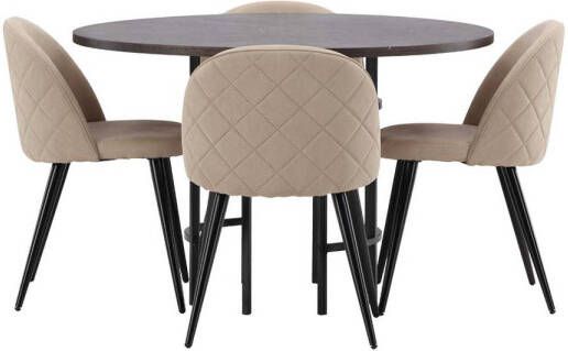 Hioshop Copenhagen eethoek tafel mokka en 4 Velvet stoelen beige.