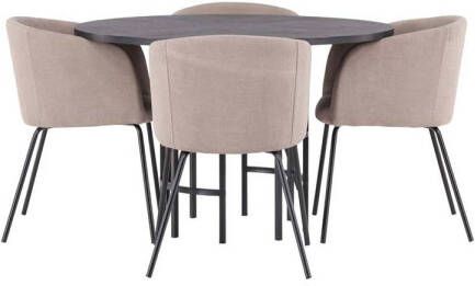 Hioshop Copenhagen eethoek tafel zwart en 4 berit stoelen beige.