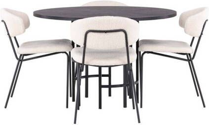 Hioshop Copenhagen eethoek tafel zwart en 4 Chico stoelen wit.