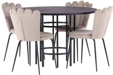 Hioshop Copenhagen eethoek tafel zwart en 4 Limhamn stoelen beige.