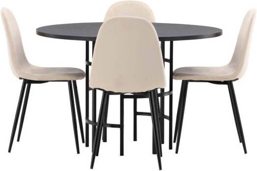 Hioshop Copenhagen eethoek tafel zwart en 4 Polar stoelen beige.