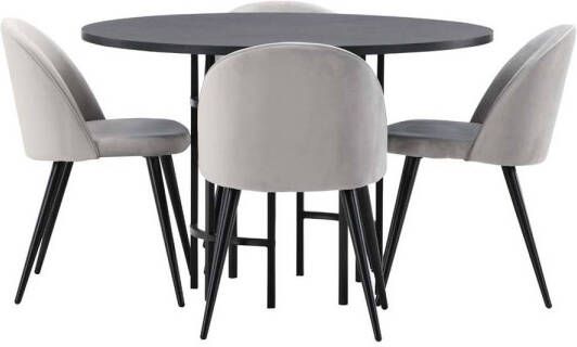 Hioshop Copenhagen eethoek tafel zwart en 4 Velvet stoelen grijs.