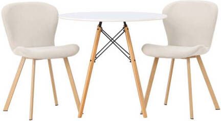 Hioshop Danburi eethoek tafel wit en 2 Lilja stoelen beige.