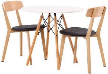 Hioshop Danburi eethoek tafel wit en 2 Sanjos stoelen naturel.