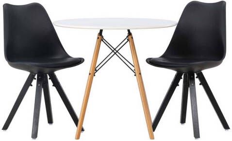 Hioshop Danburi eethoek tafel wit en 2 Zeno stoelen zwart.