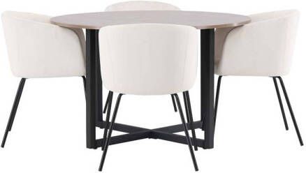 Hioshop Durango eethoek tafel okkernoot decor en 4 berit stoelen beige.