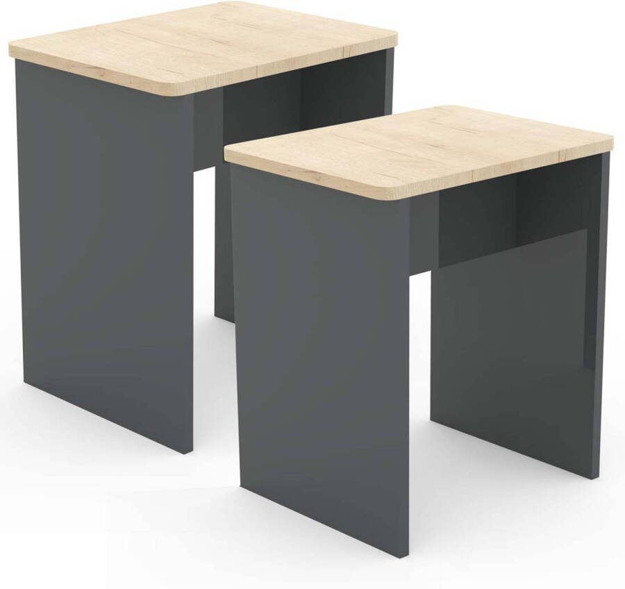 Vcm Set van 2 houten krukjes kubus voetensteun bijzettafel Esal Set van 2 houten krukjes kubus voetensteun bijzettafel Esal