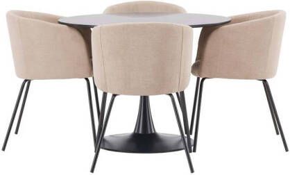 Hioshop Glade eethoek tafel zwart en 4 berit stoelen beige.