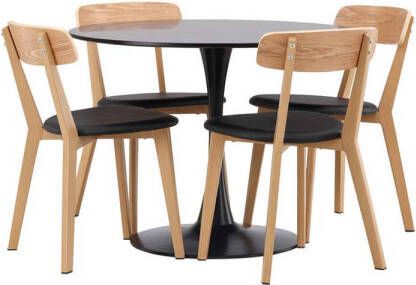 Hioshop Glade eethoek tafel zwart en 4 Sanjos stoelen naturel.