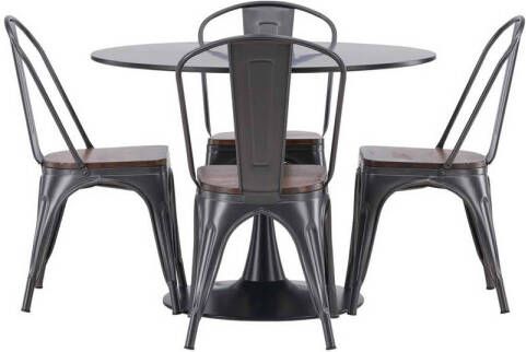 Hioshop Glade eethoek tafel zwart en 4 Tempe stoelen dunkergrijs.