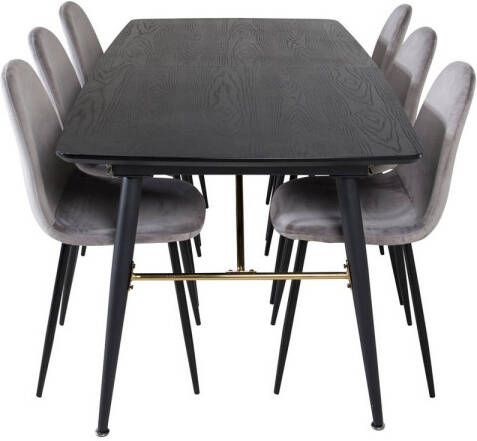 Hioshop Gold eethoek eetkamertafel uitschuifbare tafel lengte cm 180 220 zwart en 6 Polar eetkamerstal zwart.