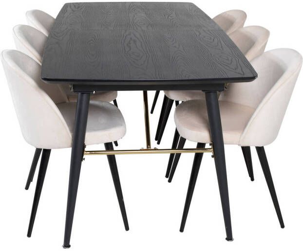 Hioshop Gold eethoek eetkamertafel uitschuifbare tafel lengte cm 180 220 zwart en 6 Velvet eetkamerstal velours gebloeid.