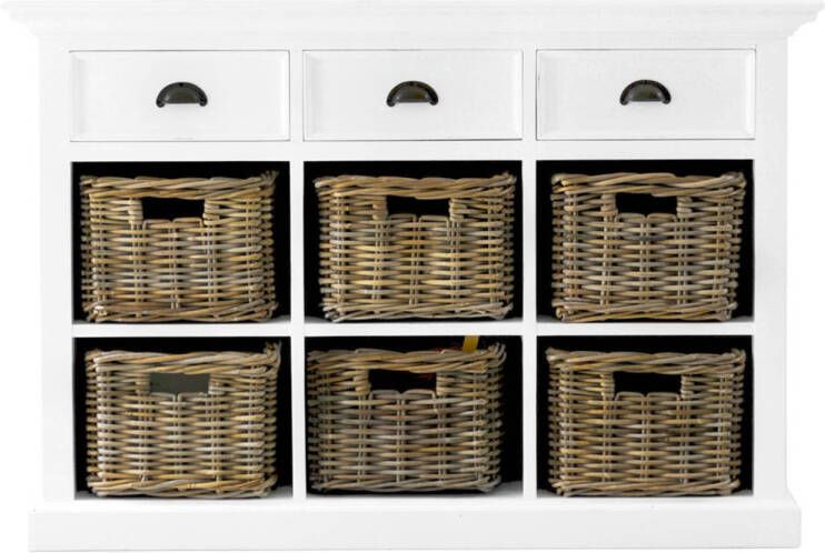 Hioshop Halifax dressoir in wit met 6 rotan manden.