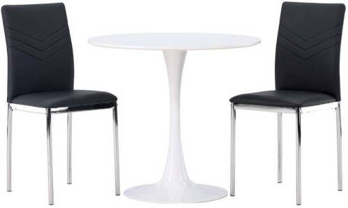 Hioshop Hamden eethoek tafel wit en 2 Lily stoelen zwart.