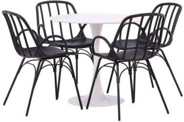 Hioshop Hamden eethoek tafel wit en 4 Dyrön stoelen zwart.