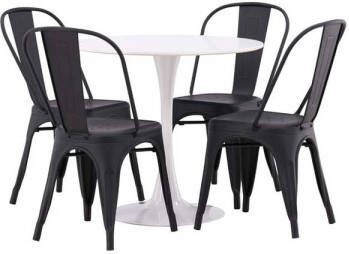 Hioshop Hamden eethoek tafel wit en 4 Tempe stoelen zwart.