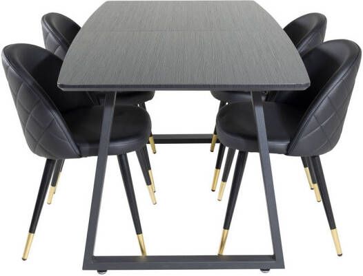 Hioshop IncaBLBL eethoek eetkamertafel uitschuifbare tafel lengte cm 160 200 zwart en 4 Velvet eetkamerstal PU kunstleer zwart