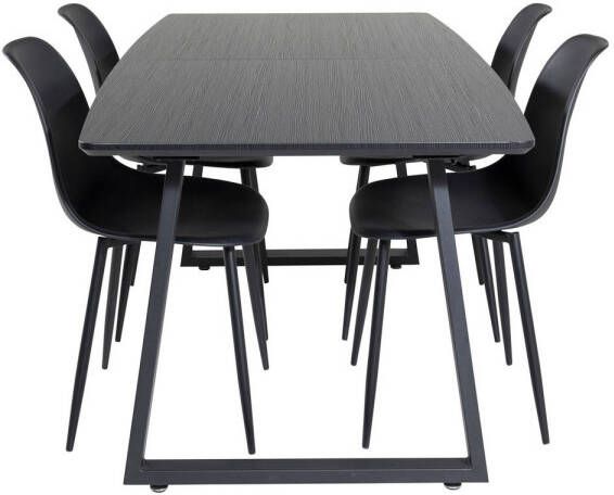 Hioshop IncaBLBL eethoek eetkamertafel uitschuifbare tafel lengte cm 160 200 zwart en 4 Polar eetkamerstal PU kunstleer zwart.