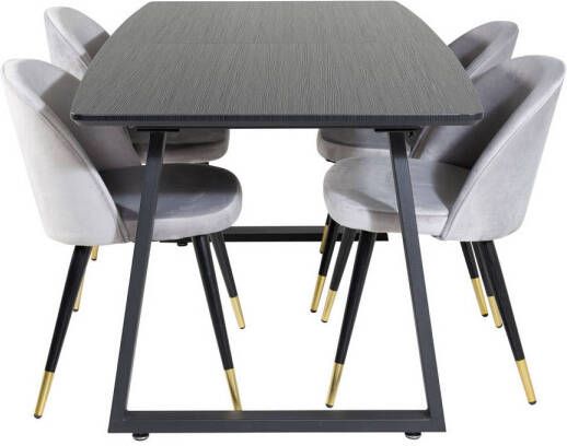 Hioshop IncaBLBL eethoek eetkamertafel uitschuifbare tafel lengte cm 160 200 zwart en 4 Velvet eetkamerstal velours lichtgrijs - Foto 1