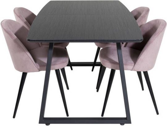 Hioshop IncaBLBL eethoek eetkamertafel uitschuifbare tafel lengte cm 160 200 zwart en 4 Velvet eetkamerstal fluweel roze zwart
