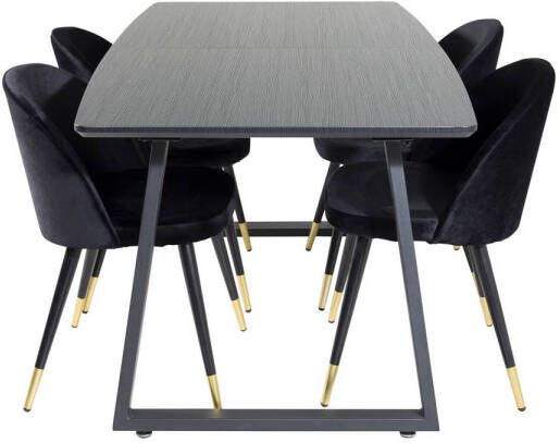 Hioshop IncaBLBL eethoek eetkamertafel uitschuifbare tafel lengte cm 160 200 zwart en 4 Velvet eetkamerstal velours zwart messing decor